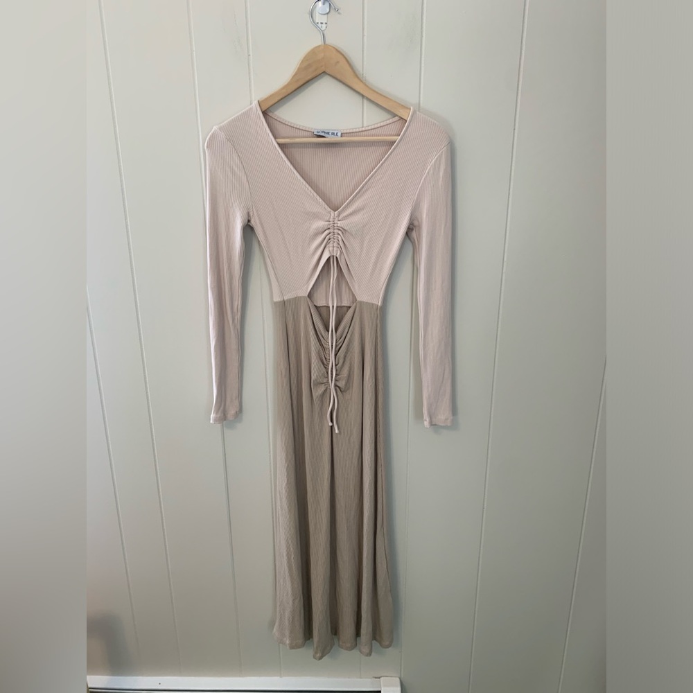 Sophie Rue Sand Nude Ribbed Long-Sleeve Ruched Cutout Waist Maxi Dress Size XS